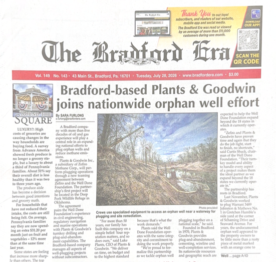 Zefiro subsidiary Plants & Goodwin is based in Bradford, Pennsylvania, where its orphan well plugging work has drawn local and national attention